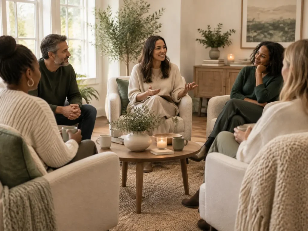Diverse group participating in a trauma recovery coaching circle in a warm, welcoming indoor room.